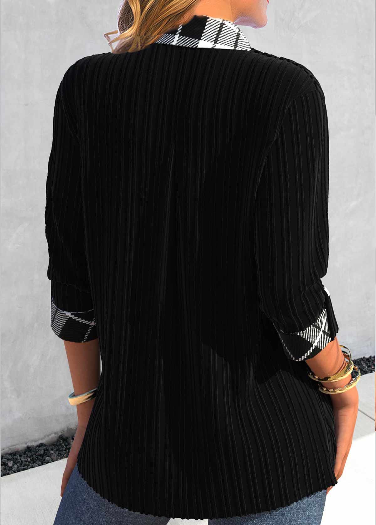 Black Button Fake 2in1 Plaid Blouse