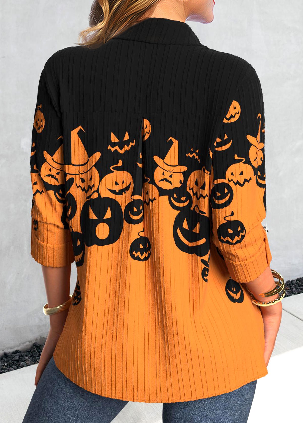 Orange Button Halloween Pumpkin Print Long Sleeve Blouse