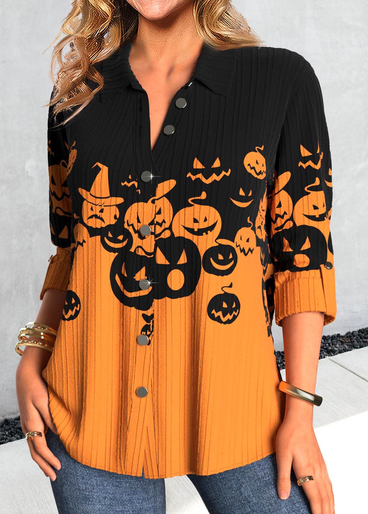 Orange Button Halloween Pumpkin Print Long Sleeve Blouse
