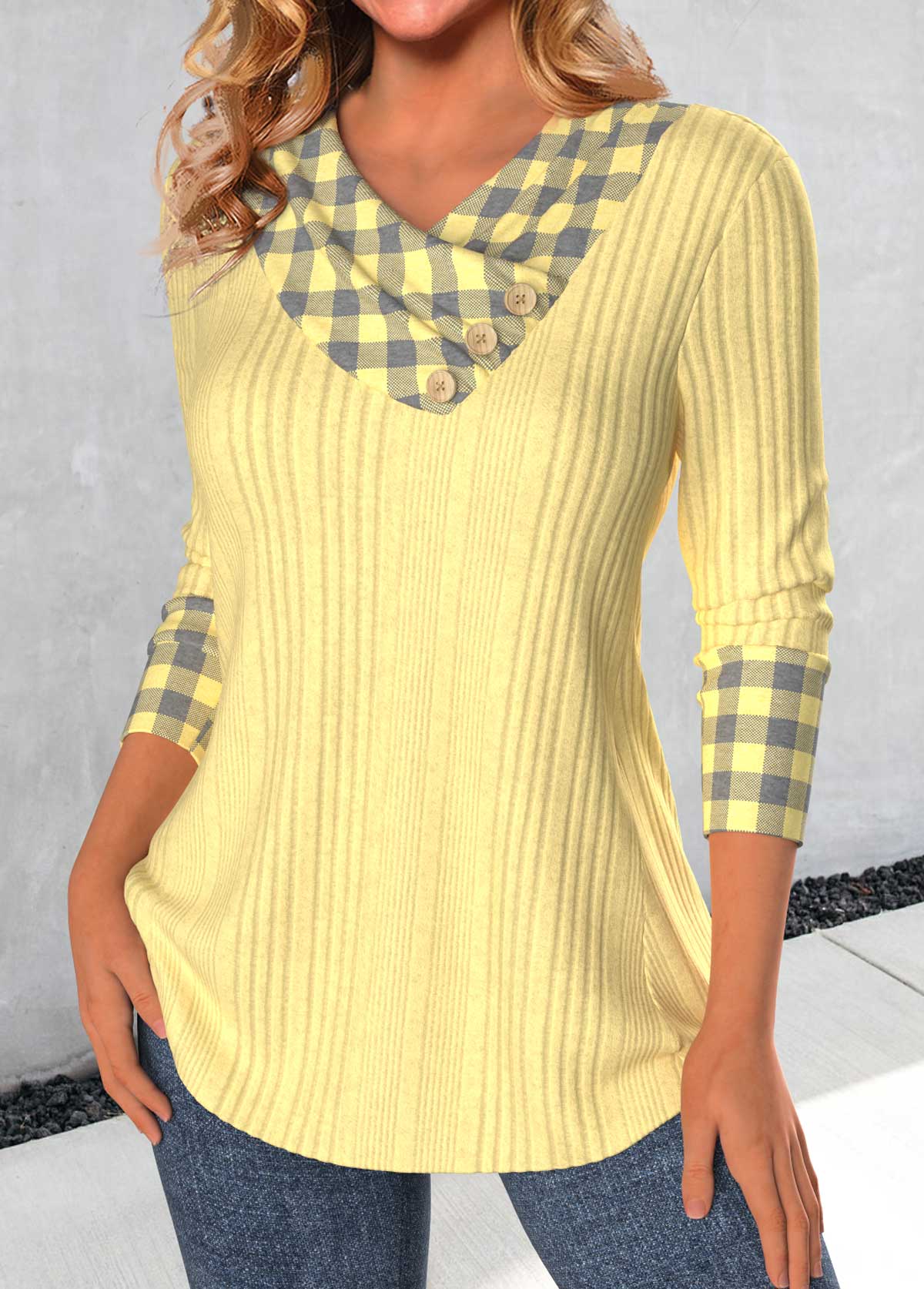 Light Yellow Patchwork Plaid Long Sleeve T Shirt