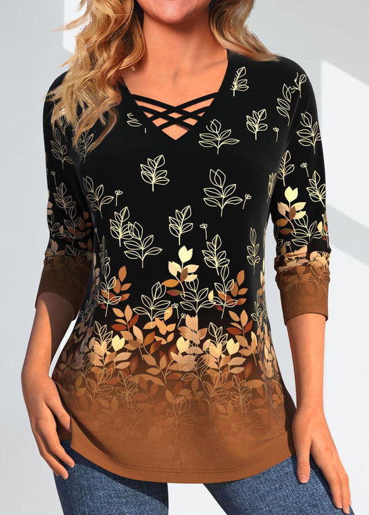 Dark Camel Criss Cross Leaf Print T Shirt