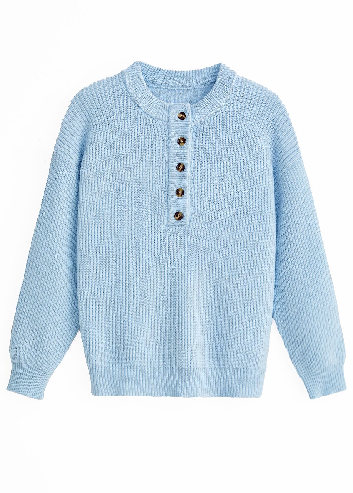 Light Blue Button Long Sleeve Split Neck Sweater