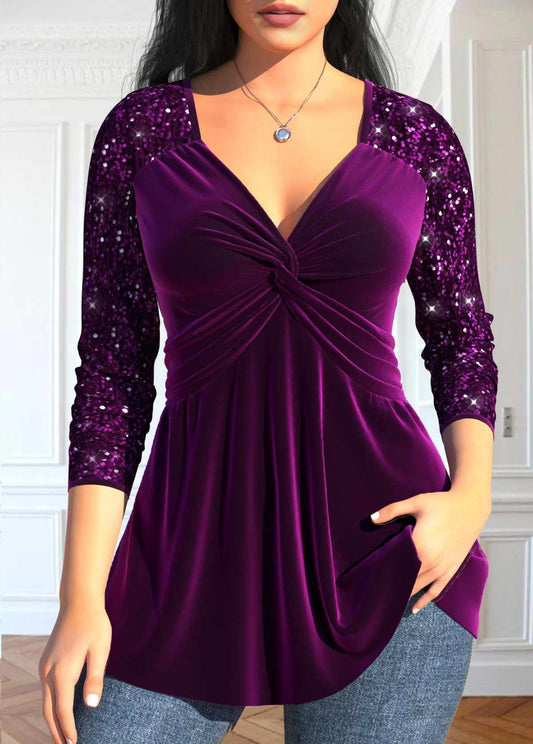 Purple Sequin Long Sleeve V Neck T Shirt