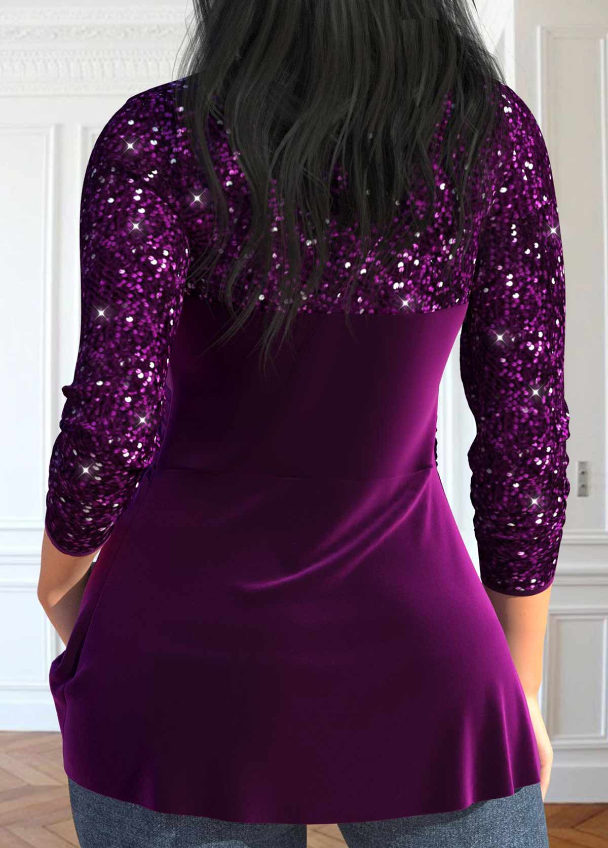Purple Sequin Long Sleeve V Neck T Shirt