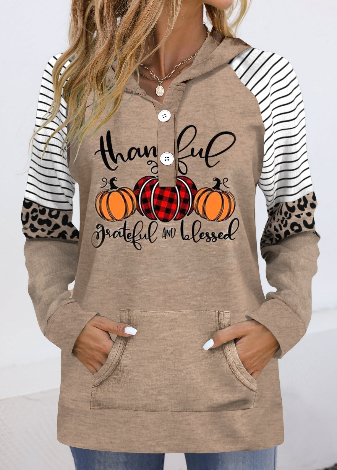 Light Coffee Patchwork Halloween Print Long Sleeve Hoodie