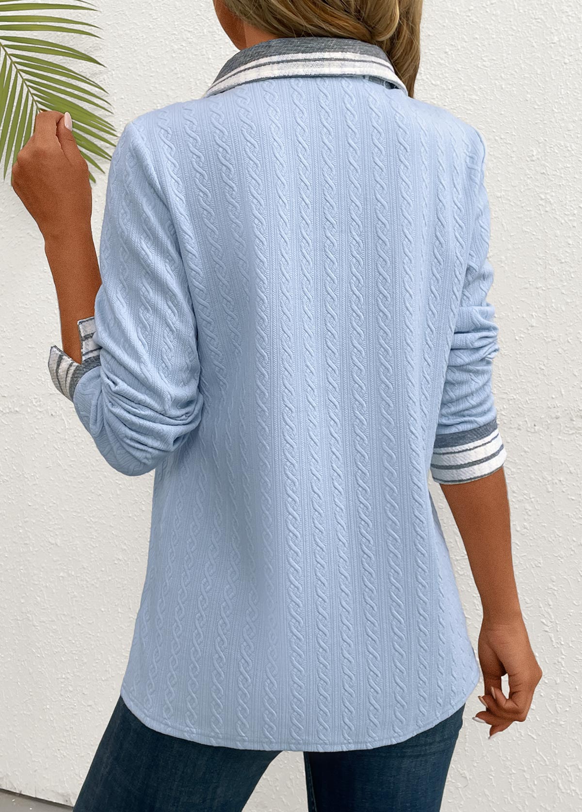 Light Blue Patchwork Long Sleeve Shirt Collar Blouse