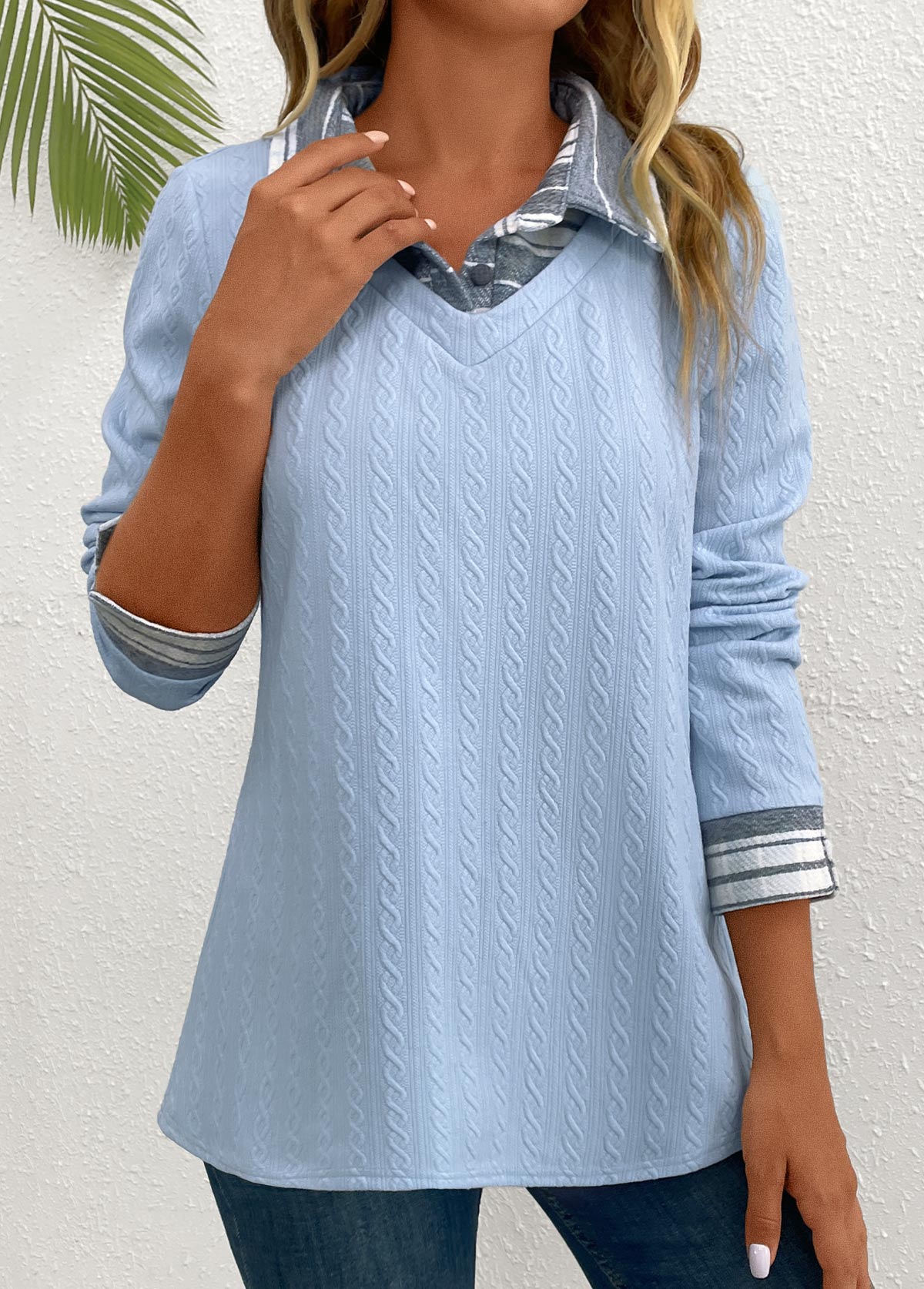 Light Blue Patchwork Long Sleeve Shirt Collar Blouse