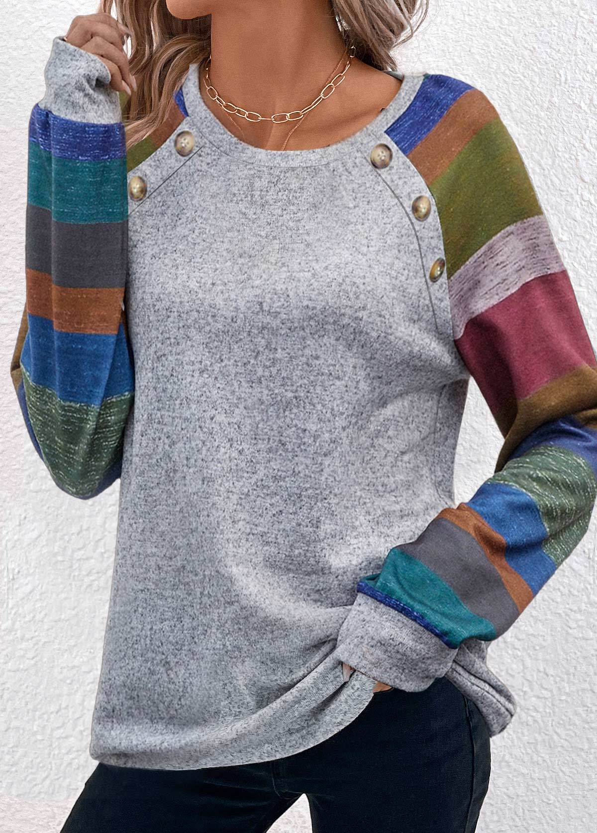 Light Grey Marl Button Striped T Shirt