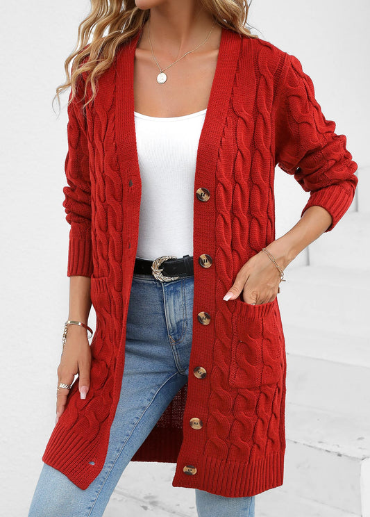 Red Pocket Long Sleeve V Neck Cardigan