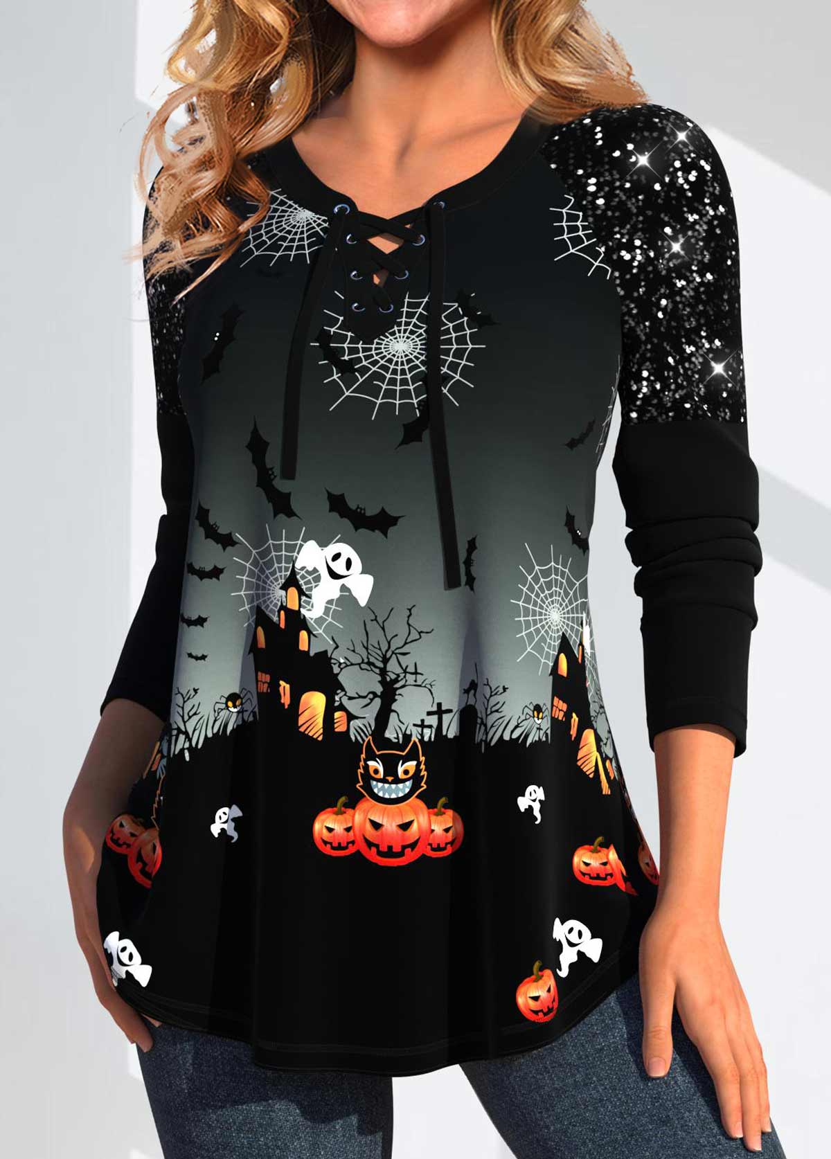 Black Patchwork Halloween Print Long Sleeve T Shirt