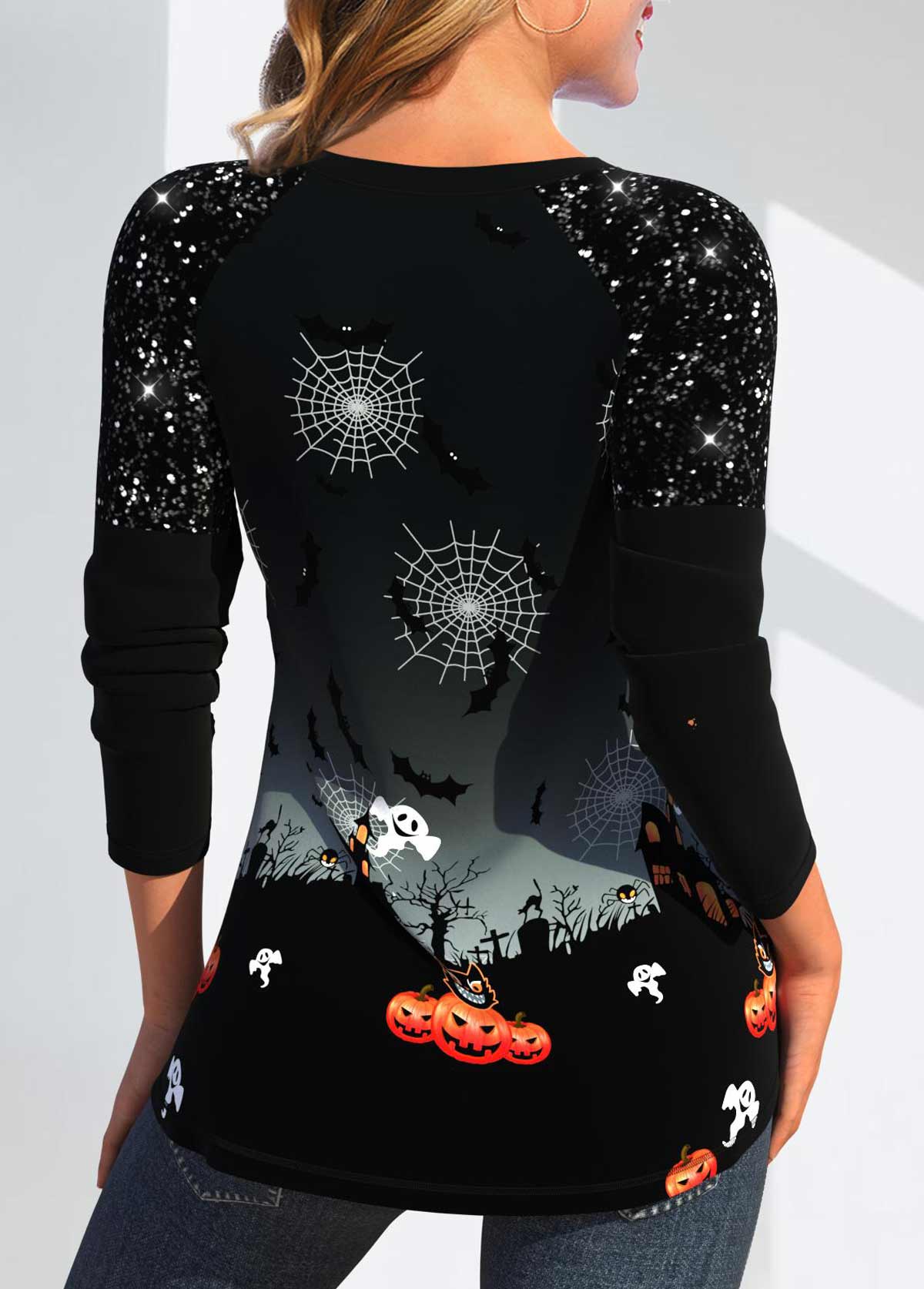 Black Patchwork Halloween Print Long Sleeve T Shirt