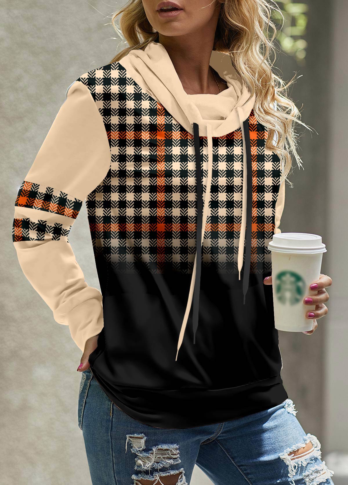 Light Coffee Patchwork Plaid Long Sleeve Sweatshirt