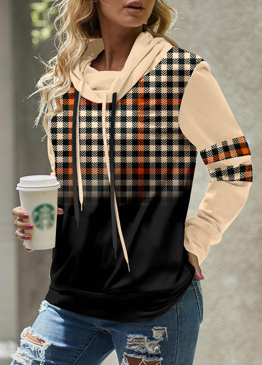 Light Coffee Patchwork Plaid Long Sleeve Sweatshirt