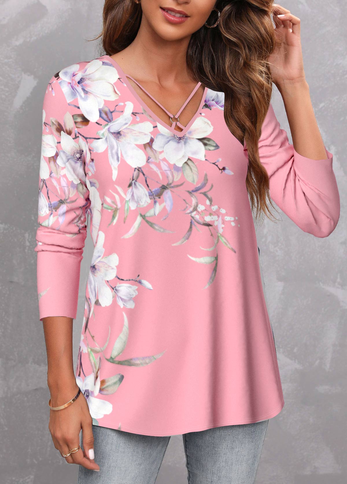 Pink Circular Ring Floral Print T Shirt