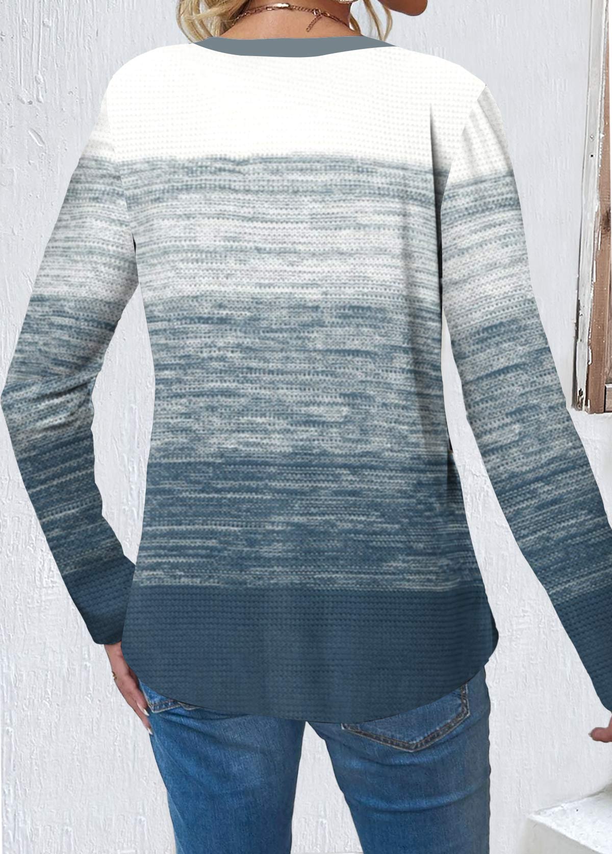 Dusty Blue Button Long Sleeve Round Neck T Shirt