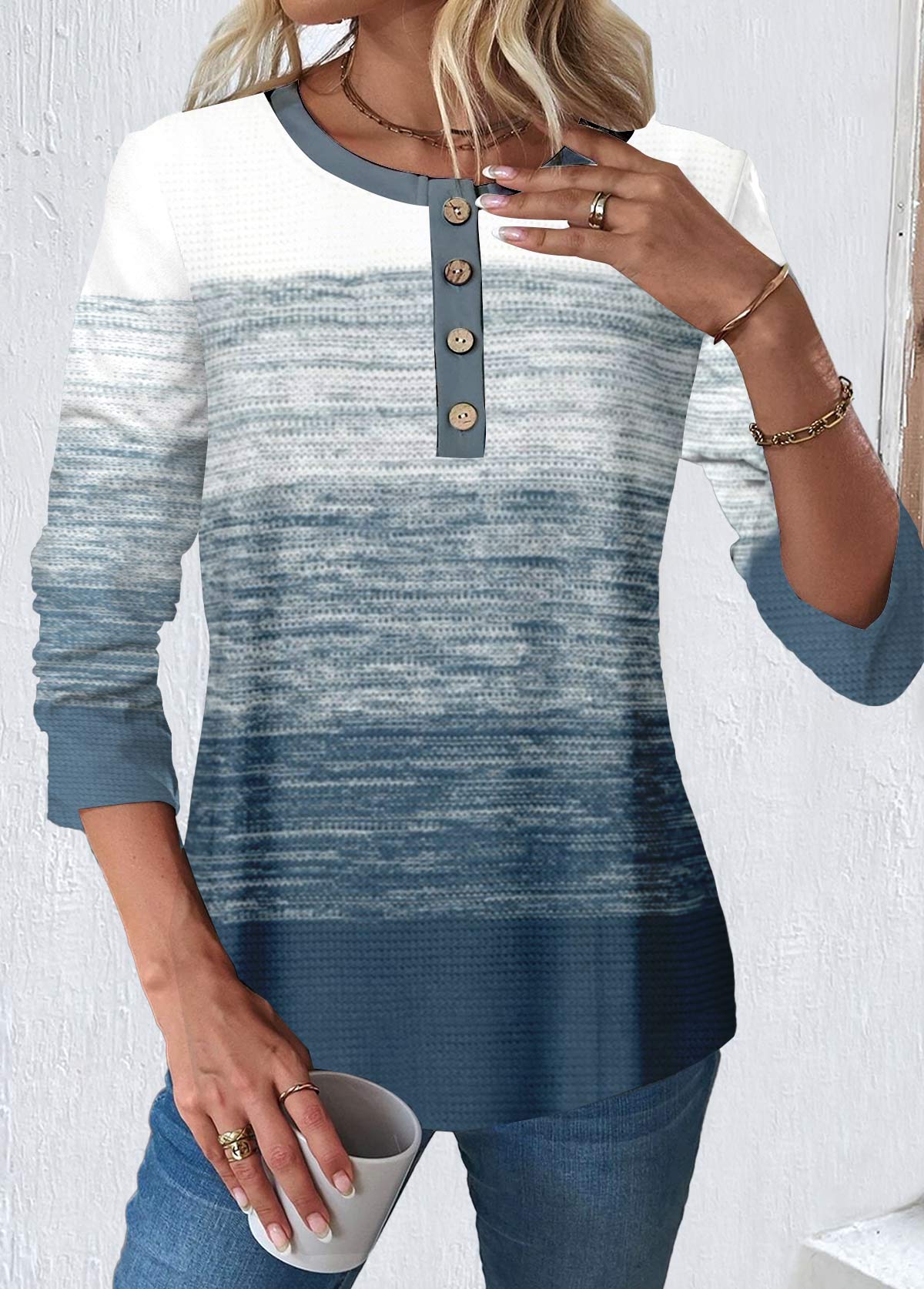 Dusty Blue Button Long Sleeve Round Neck T Shirt