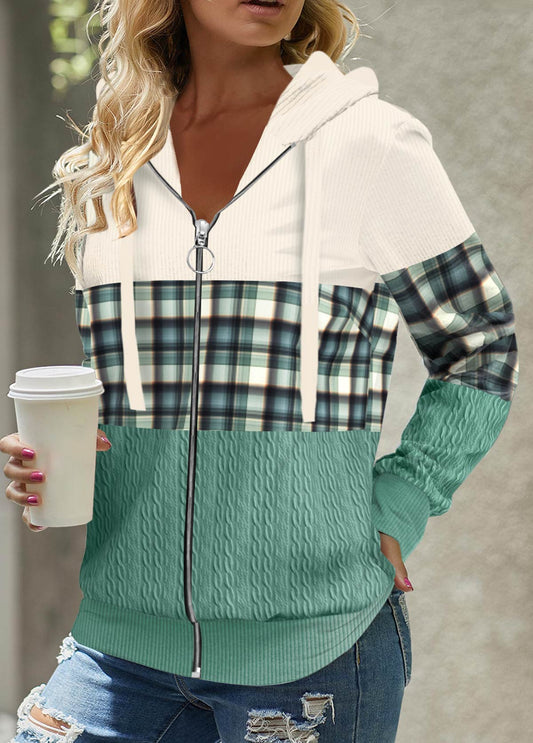 Green Patchwork Plaid Long Sleeve Hoodie