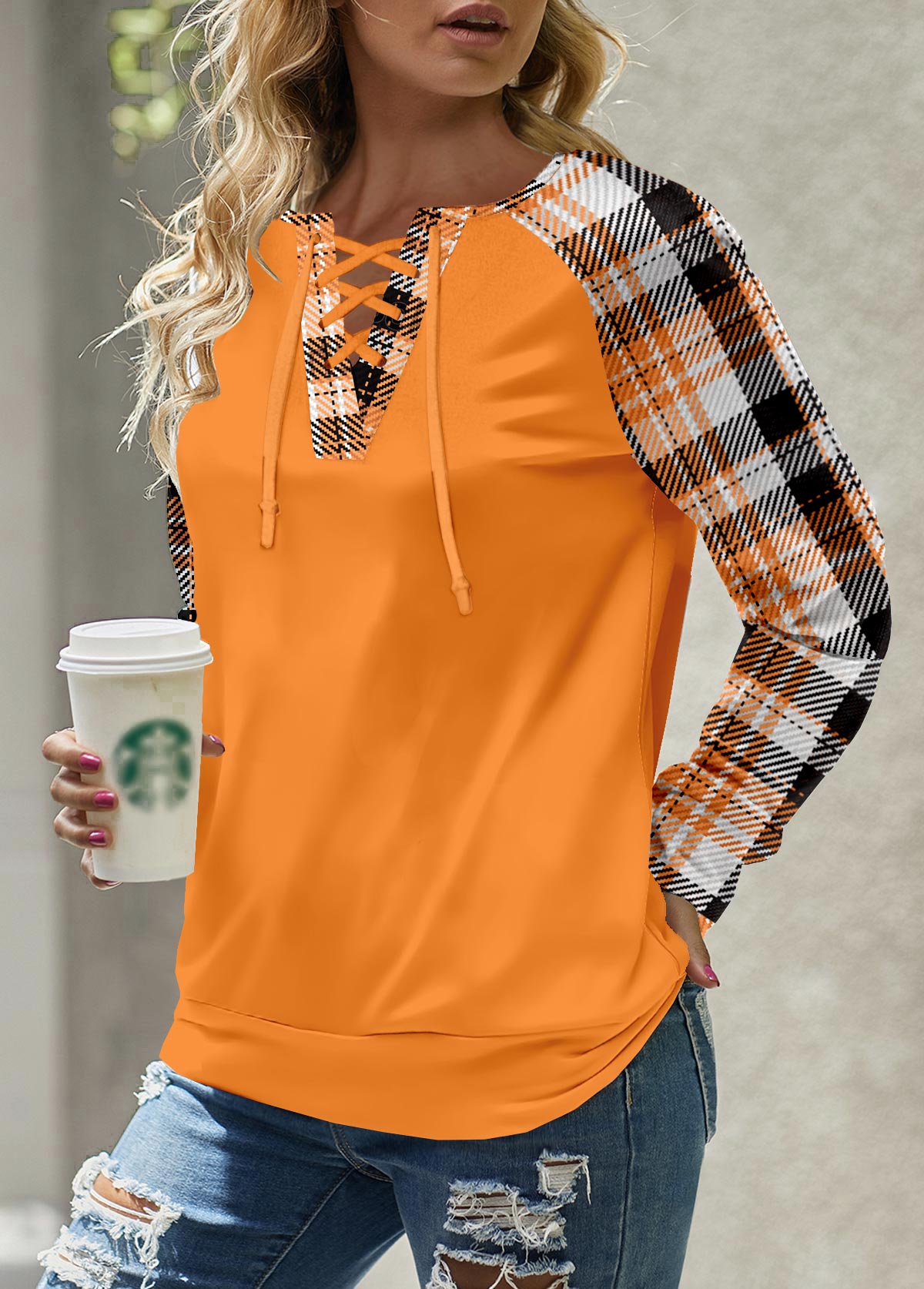 Orange Patchwork Plaid Long Sleeve Split Neck Sweatshirt