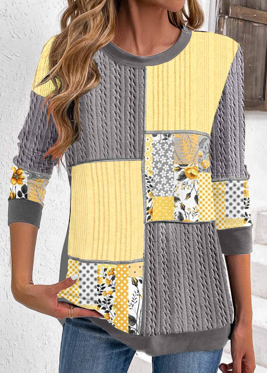Grey Patchwork Geometric Print Long Sleeve Round Neck Sweatshirt