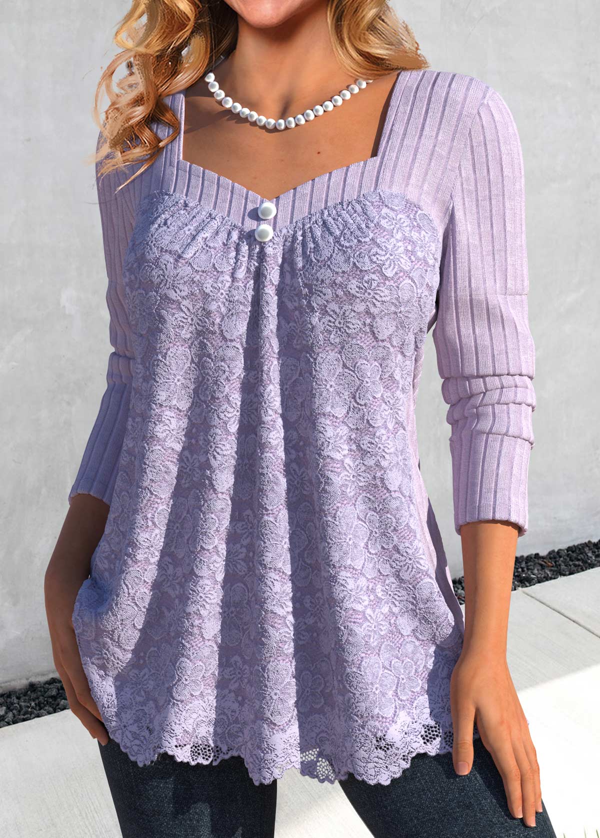 Light Purple Lace Long Sleeve Heart Collar T Shirt