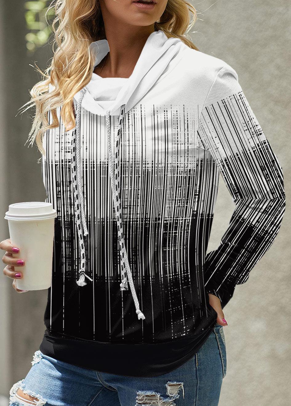 Black Patchwork Ombre Long Sleeve Cowl Neck Sweatshirt