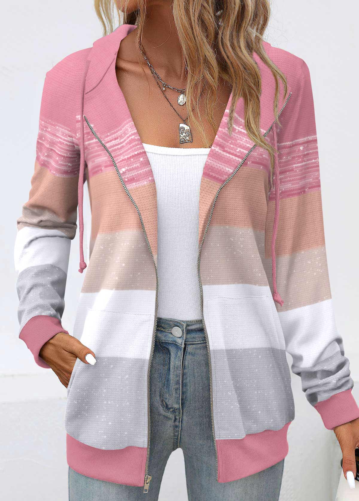 Pink Pocket Geometric Print Long Sleeve Hoodie