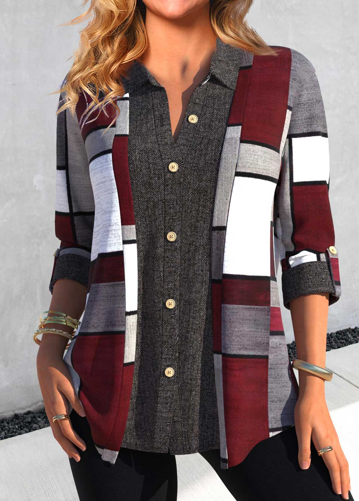 Dark Grey Button Geometric Print Shirt Collar Blouse