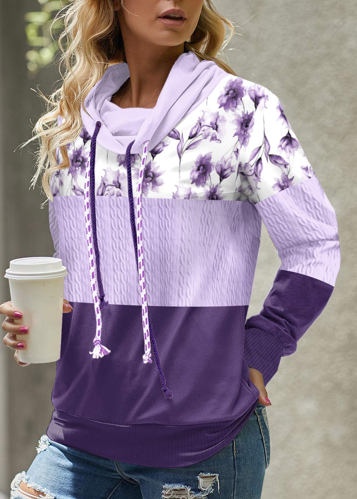 Light Purple Patchwork Floral Print Long Sleeve Sweatshirt