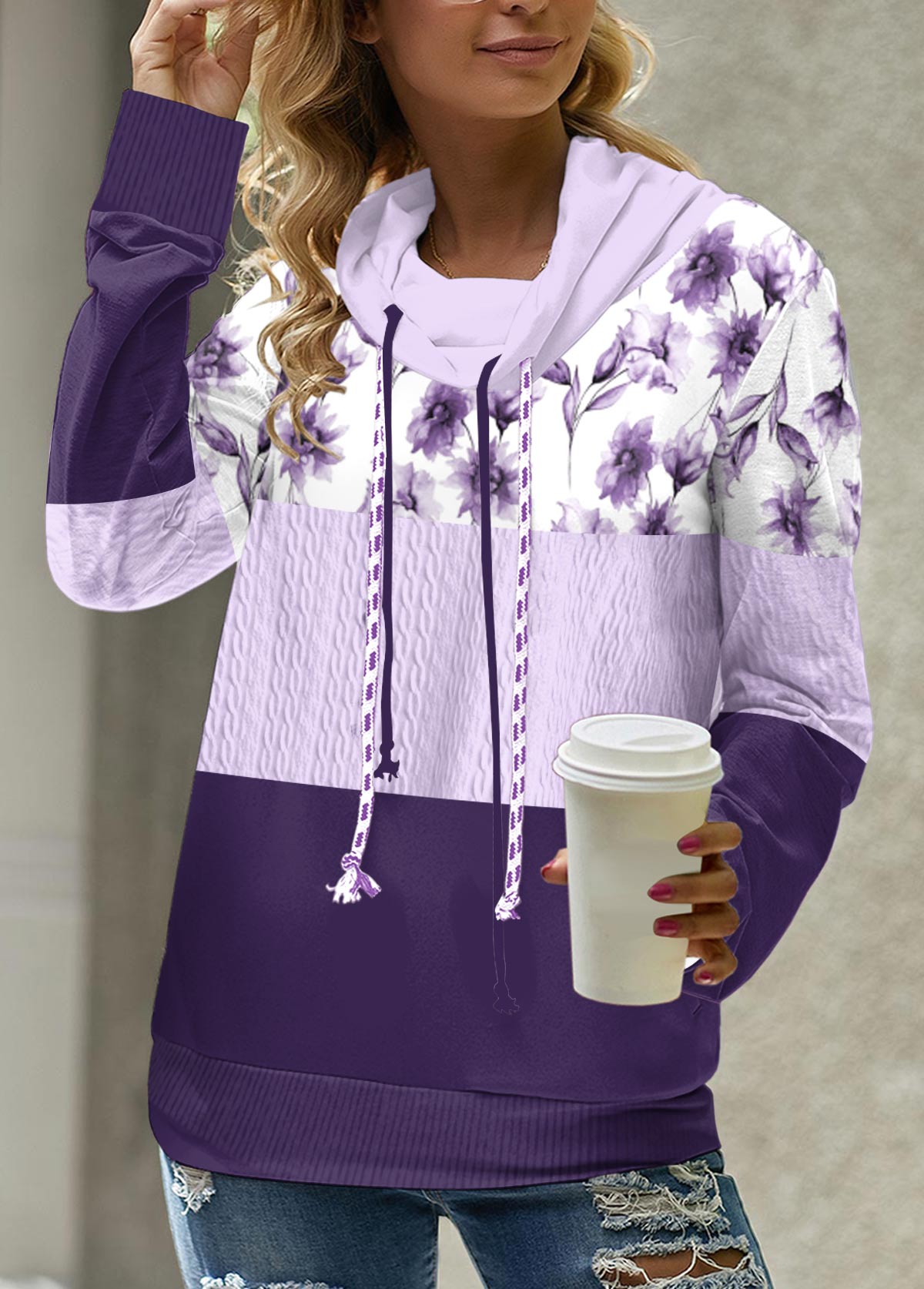 Light Purple Patchwork Floral Print Long Sleeve Sweatshirt