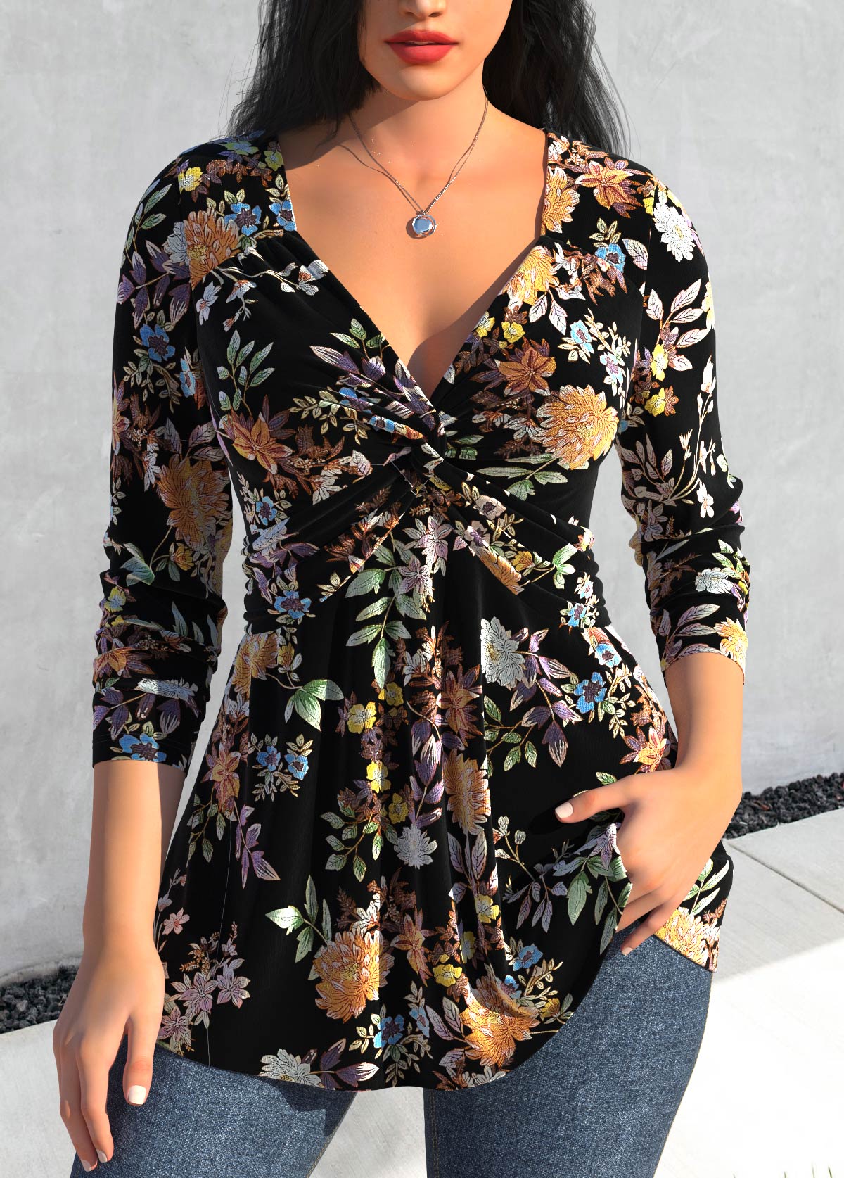 Black Velvet Floral Print Long Sleeve T Shirt