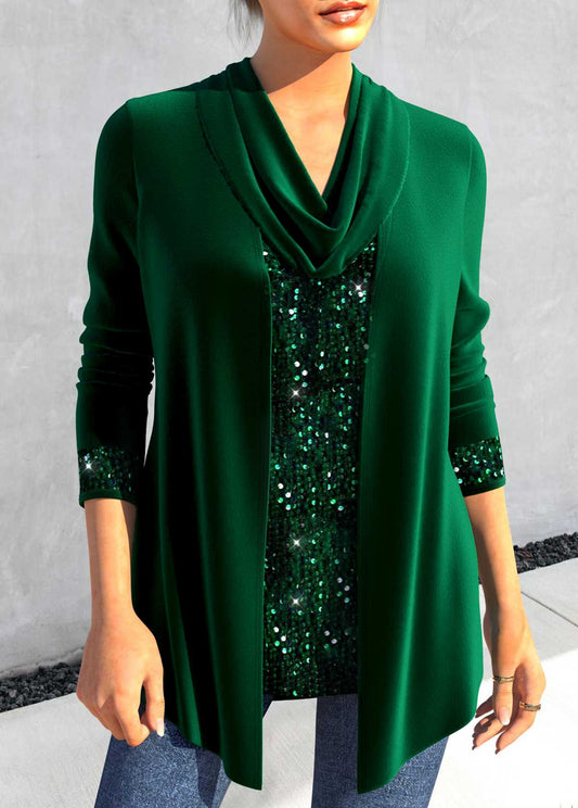 Blackish Green Sequin Long Sleeve Cowl Neck T Shirt
