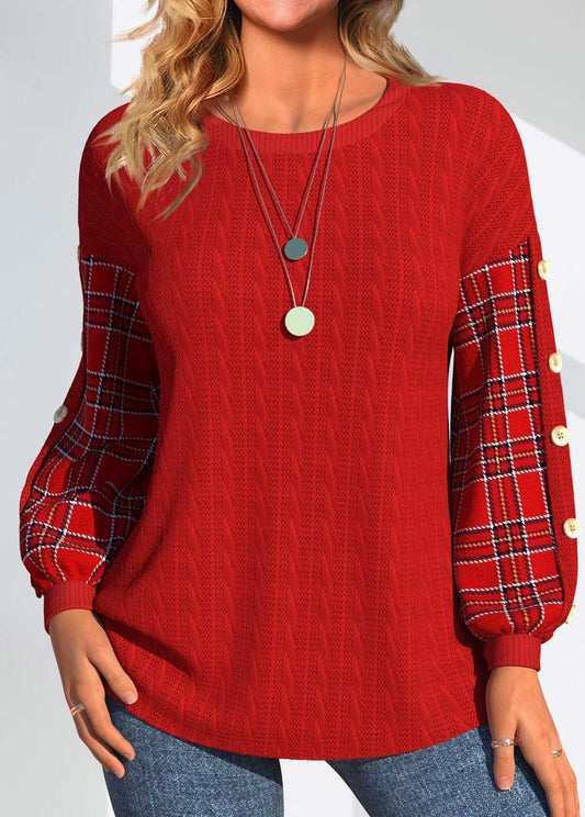 Red Button Plaid Long Sleeve Round Neck Sweatshirt