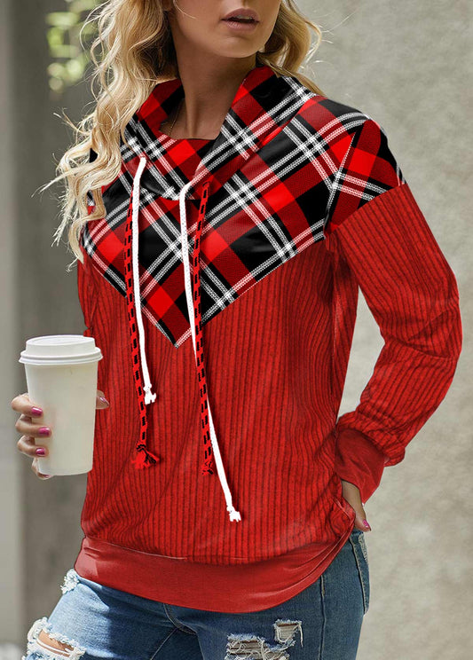 Red Patchwork Plaid Long Sleeve Cowl Neck Sweatshirt