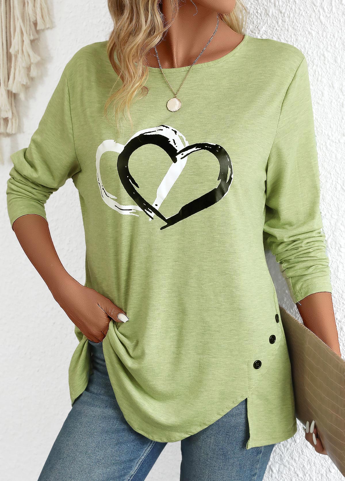 Avocado Green Split Heart Print Long Sleeve T Shirt