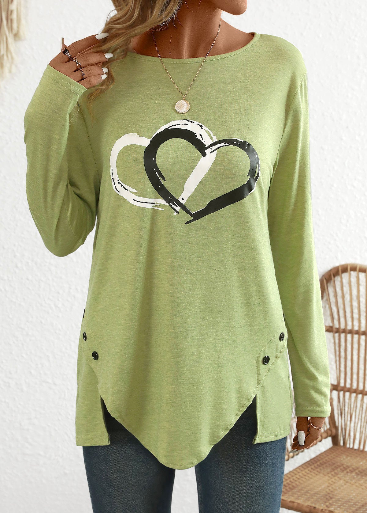 Avocado Green Split Heart Print Long Sleeve T Shirt
