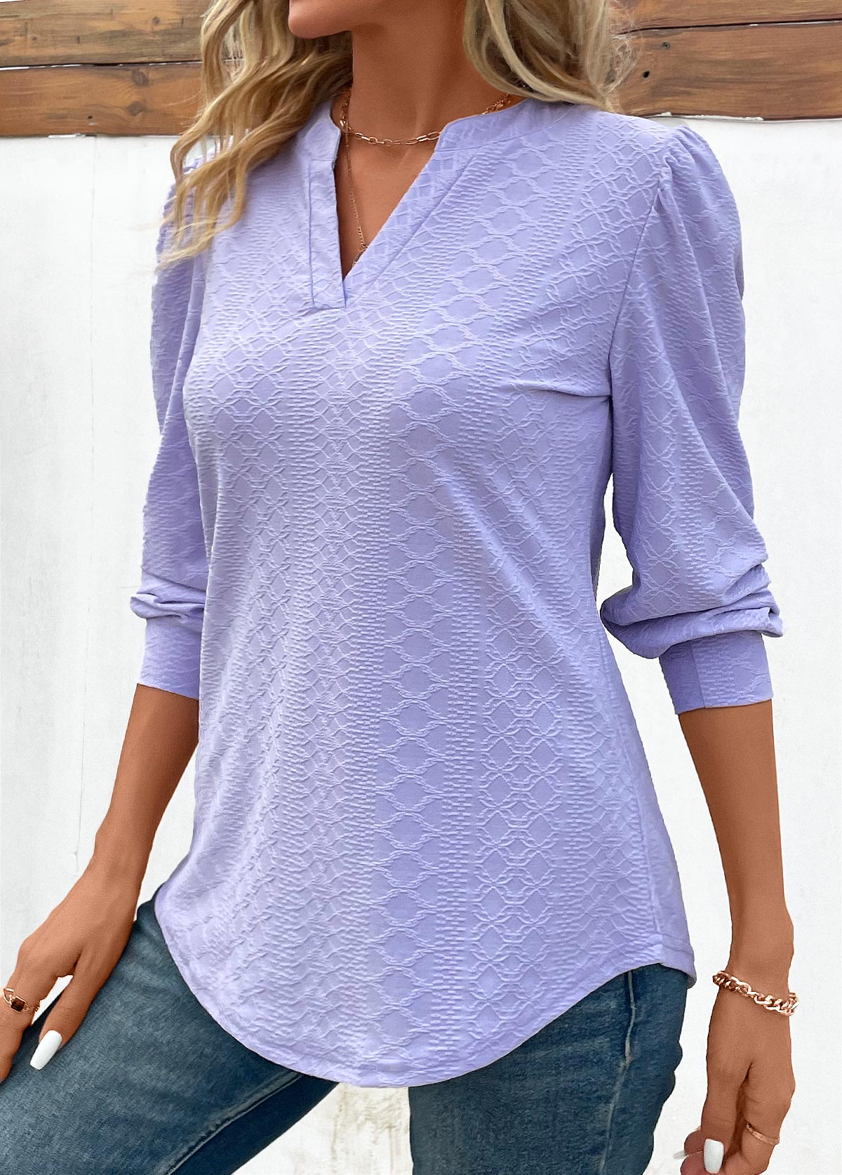 Light Purple Jacquard Long Sleeve V Neck Blouse