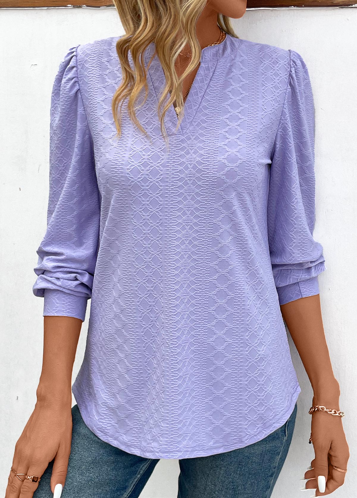 Light Purple Jacquard Long Sleeve V Neck Blouse