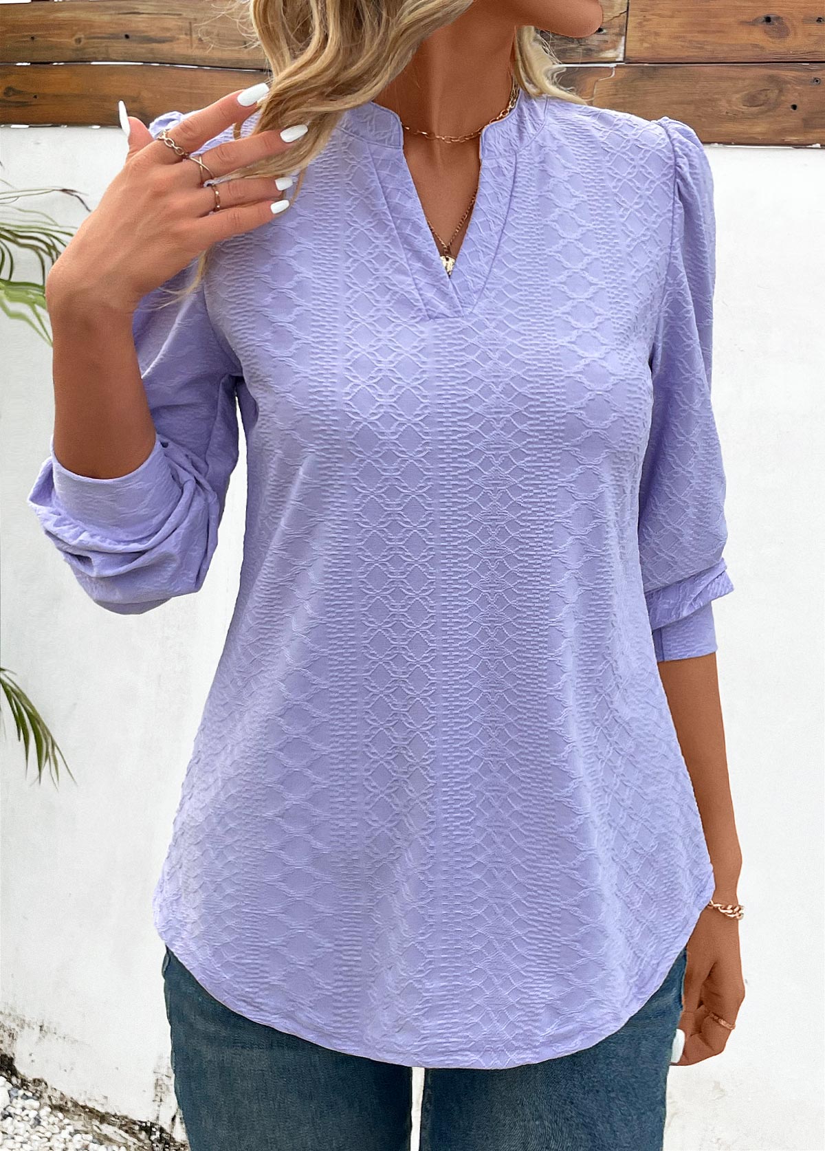 Light Purple Jacquard Long Sleeve V Neck Blouse