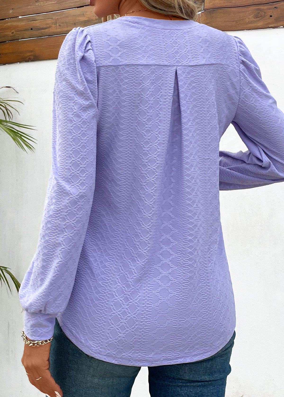 Light Purple Jacquard Long Sleeve V Neck Blouse