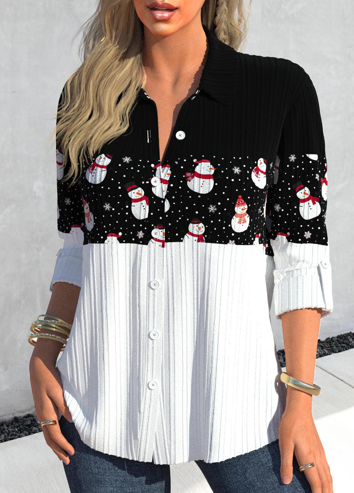 Black Button Snowman Print Long Sleeve Shirt Collar Blouse