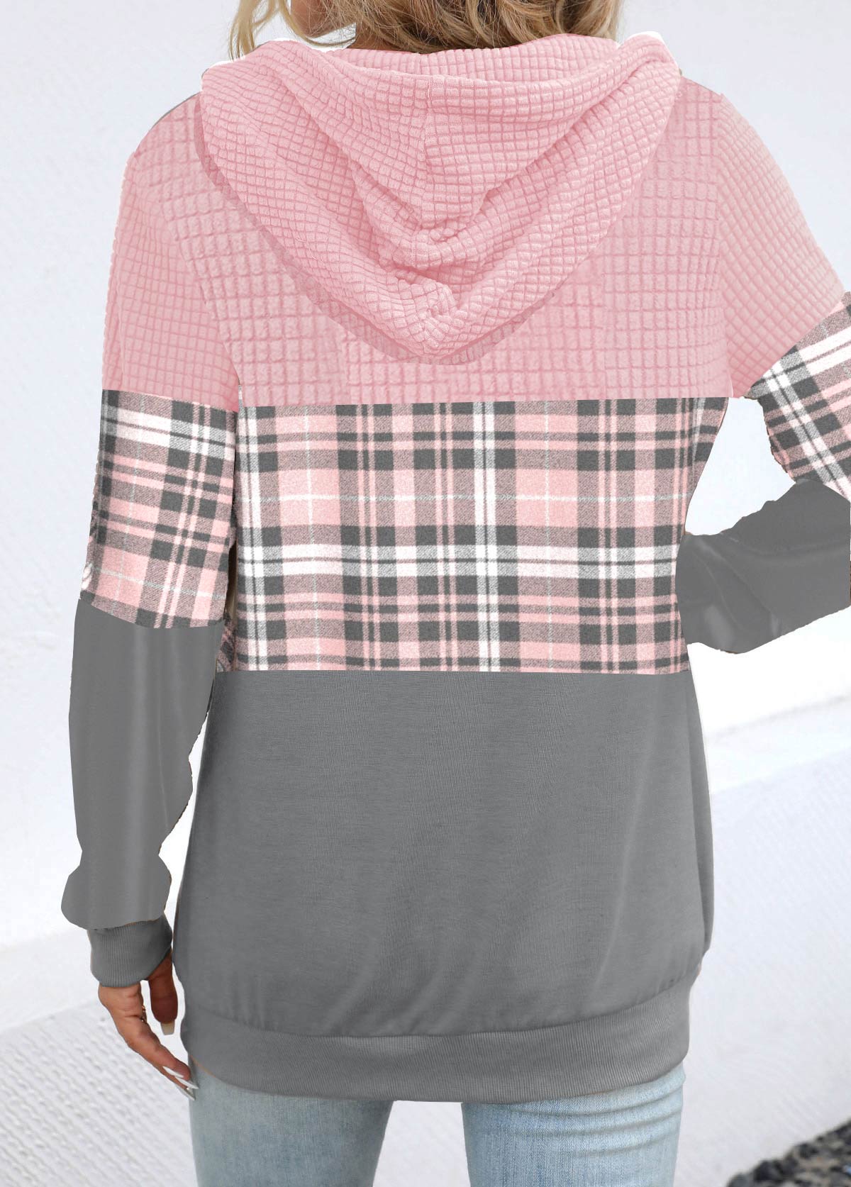 Light Pink Patchwork Plaid Long Sleeve Hoodie