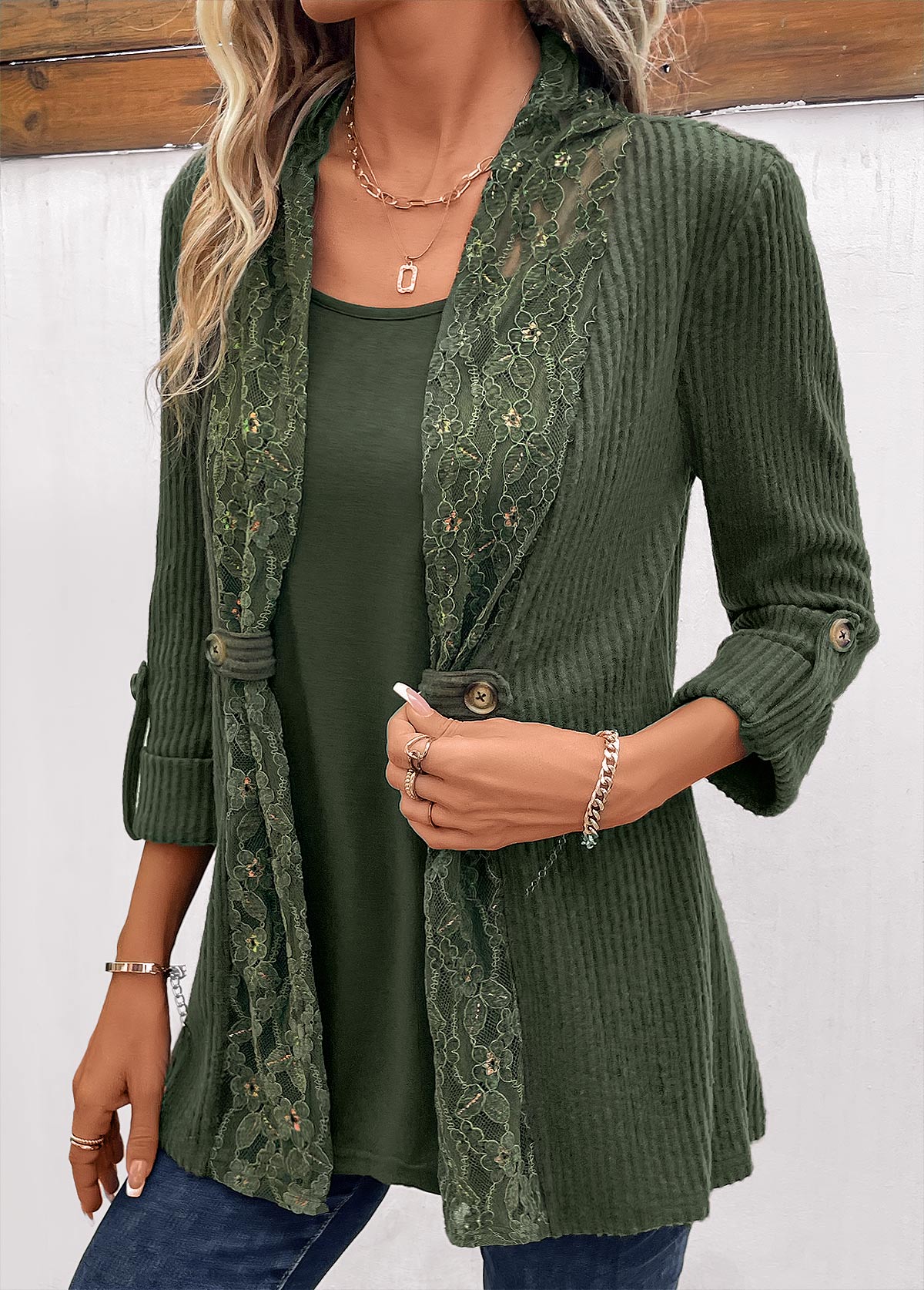 Olive Green Fake 2in1 Long Sleeve T Shirt