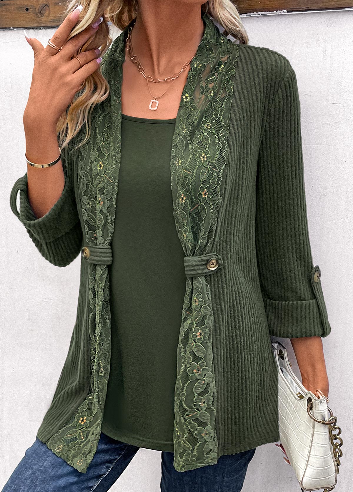 Olive Green Fake 2in1 Long Sleeve T Shirt