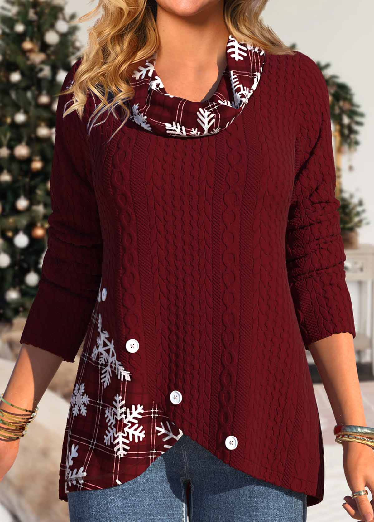Deep Red Button Snowflake Print Long Sleeve Sweatshirt