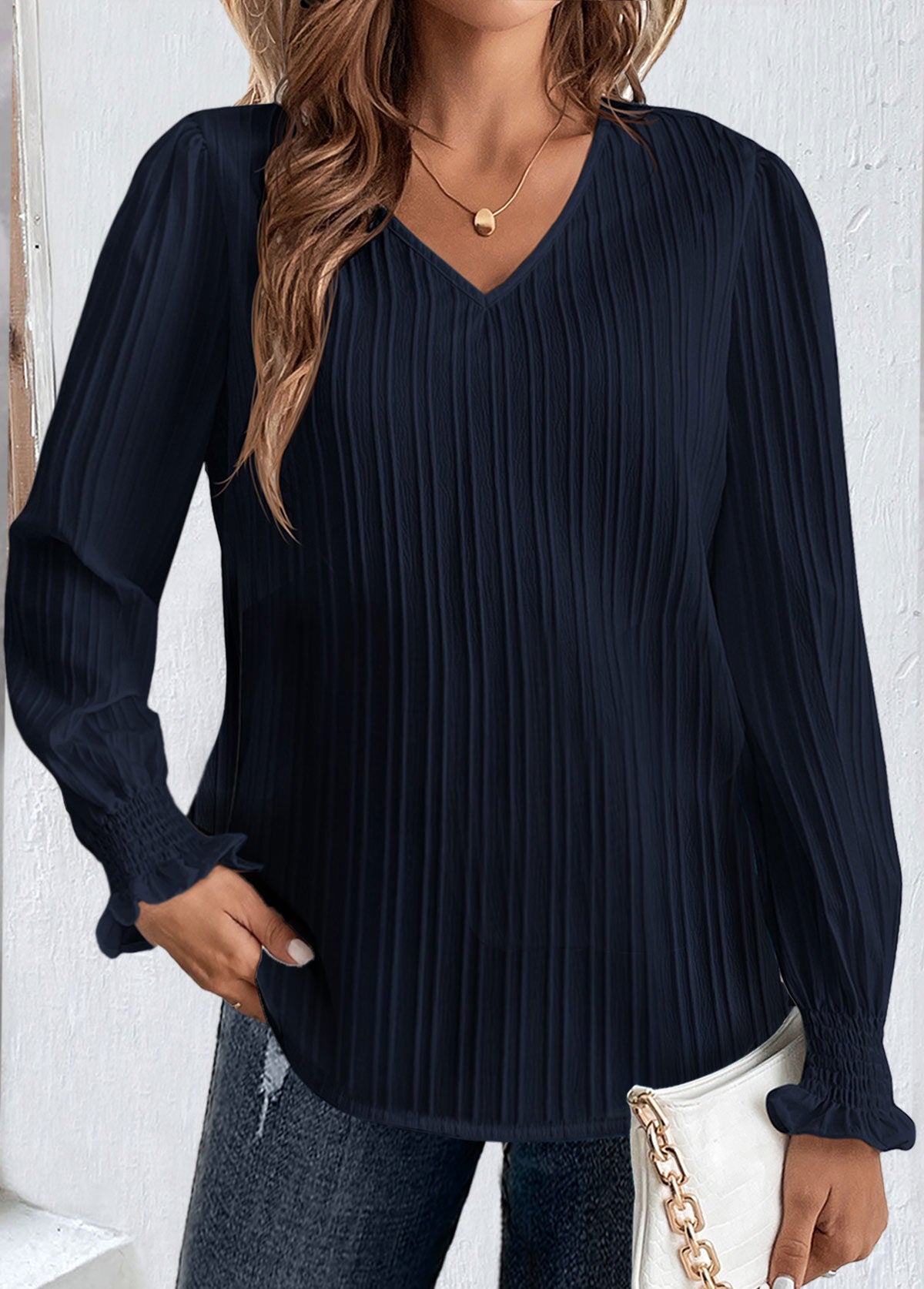 Navy Smocked Long Sleeve V Neck Blouse