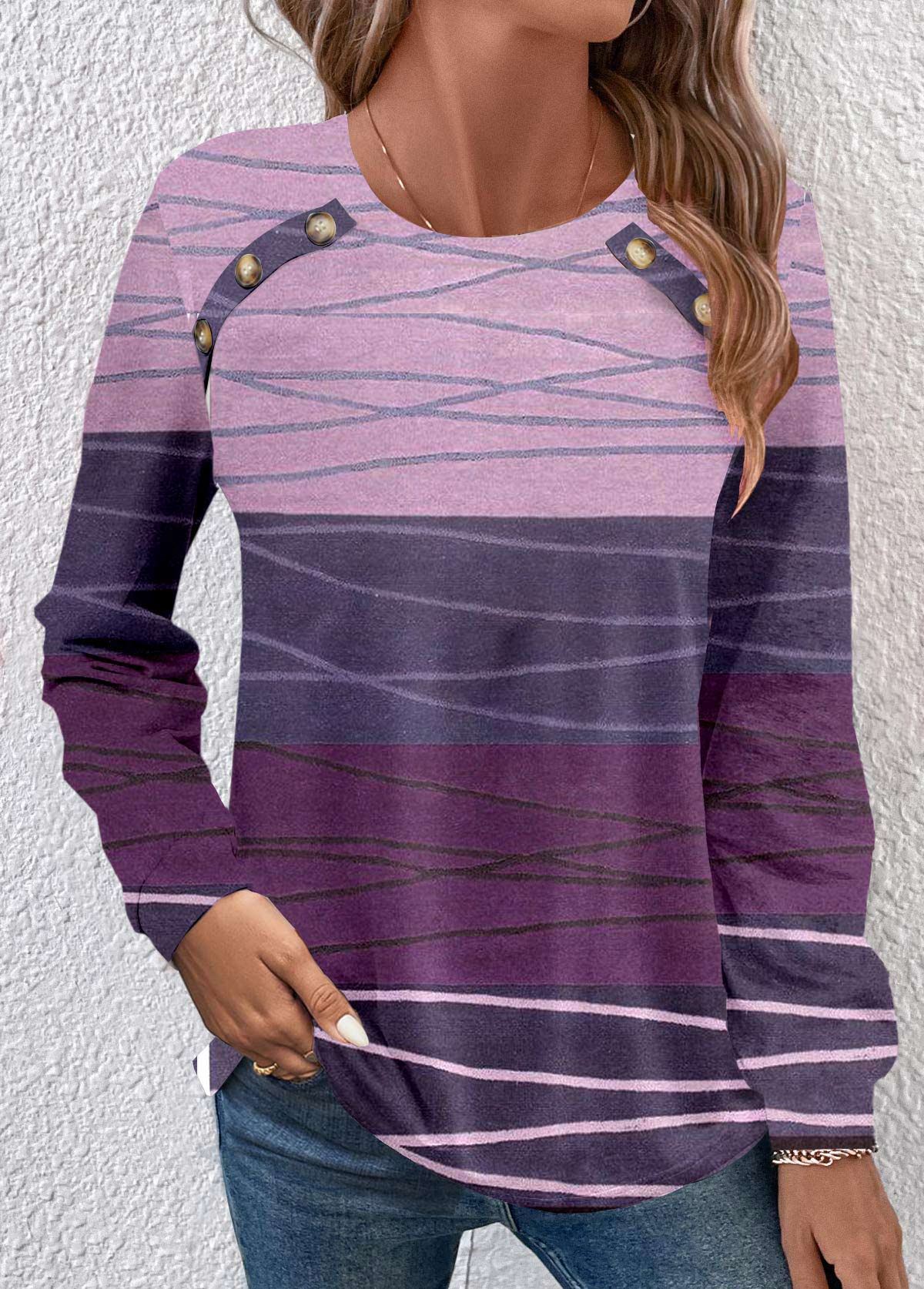 Dark Reddish Purple Patchwork Long Sleeve Round Neck Sweatshirt