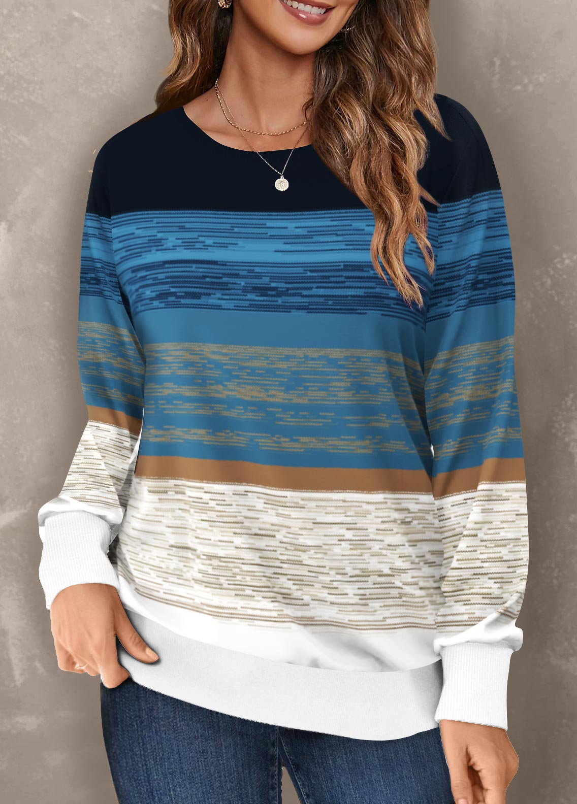 Multi Color Striped Long Sleeve Round Neck Sweatshirt