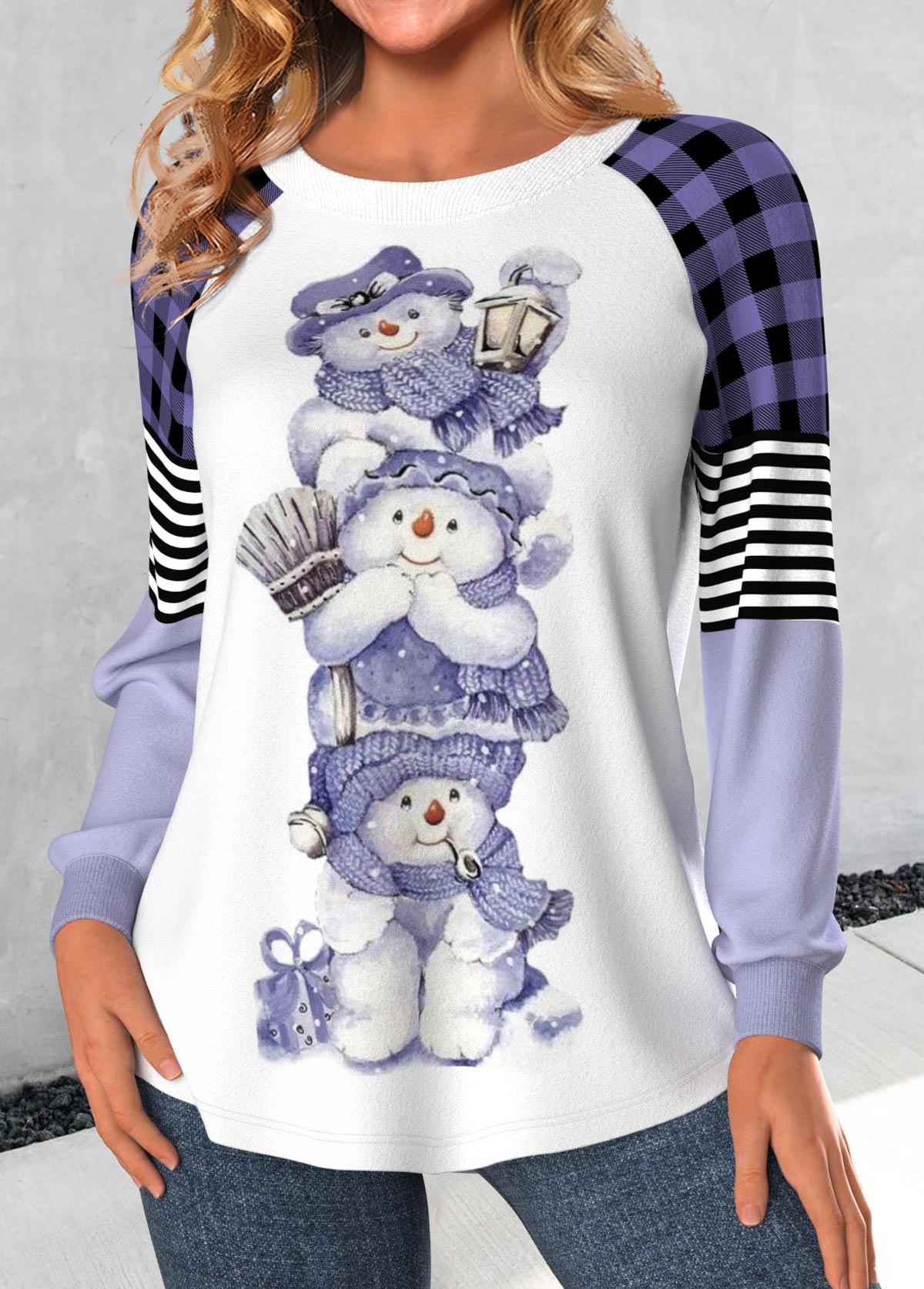 Light Purple Patchwork Snowman Print Long Sleeve T Shirt