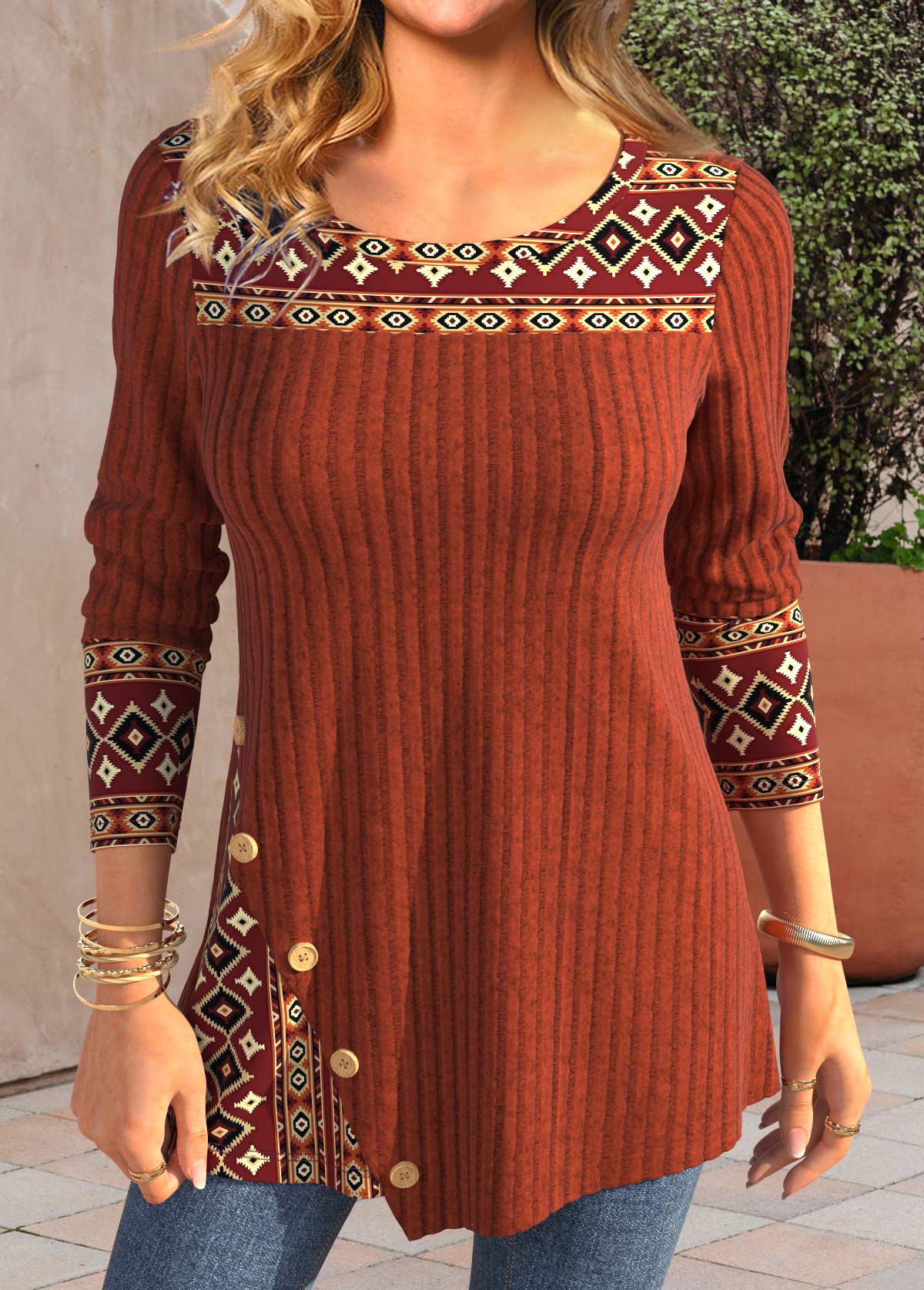 Brick Red Patchwork Tribal Print Long Sleeve T Shirt