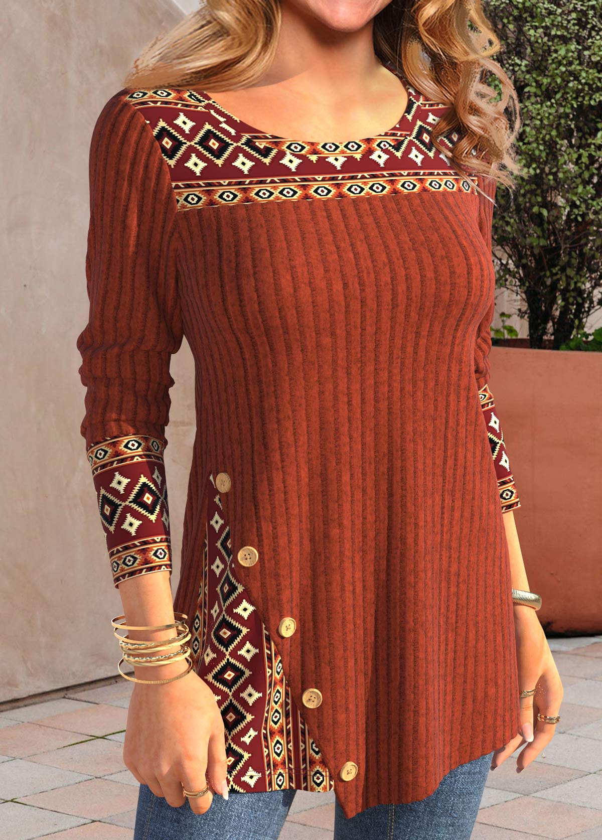 Brick Red Patchwork Tribal Print Long Sleeve T Shirt